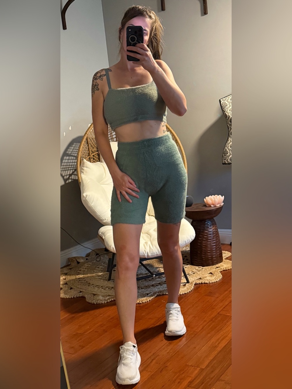 Gymshark Whitney Simmons Cozy High-Waist Knit Bike Shorts and top - Sage Green